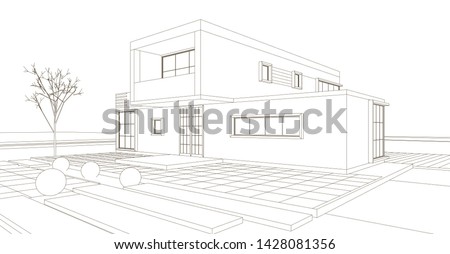 house, architectural sketch, 3d illustration Royalty-Free Stock Photo #1428081356