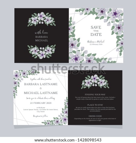 Folded cherry blossom floral wedding invitation template. Bridal invite card with purple floral decoration.