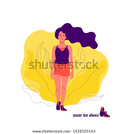 Beautiful girl wearing innovative trendy footwear with five toes providing barefoot experience. Isolated on white background. Flat style stock vector illustration.