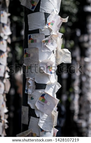 Ticket Stubs stuck to lamp post, many