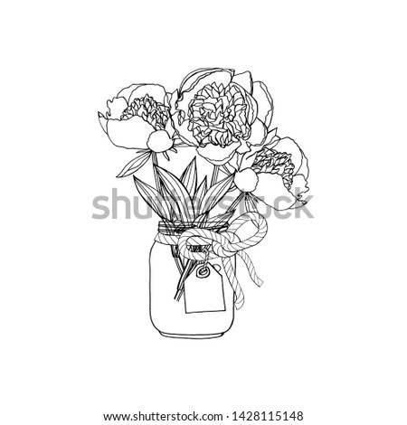 Black and white monochrome hand drawn doodle style bouquet of peony flowers in mason jar with blank tag. isolated on white background. stock vector illustration