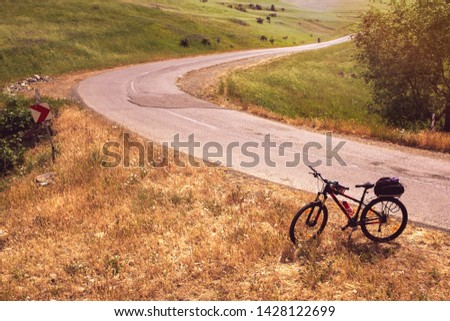 A alone Giant red bicycle in a beautiful road, rural road, summer and holiday theme. 