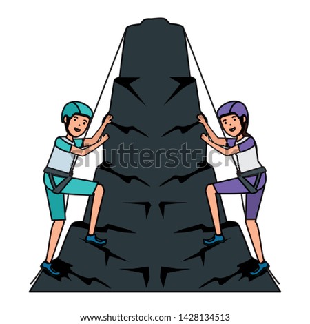 young couple climbing with ropes characters