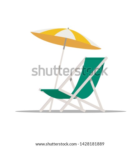 Beach chair with umbrella isolated on white background. Summer vacation concept illustration, sea shore, relax. Vector illustration in flat style