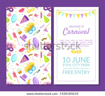 Welcome to Carnival, Masquerade Party Banner, Flyer or Invitation Card Template with Place for Text, Two Sides Vector Illustration