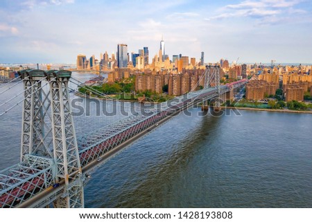 Bridge over Hudson river in New York, near Manhattan, USA. Aerial view from the helicopter.
