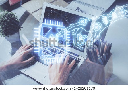 Multi exposure of technology hologram with man working on computer background. Concept of big data.