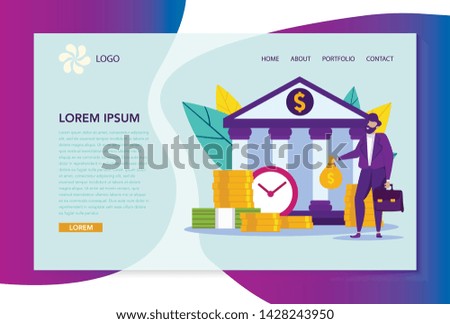 Man in Suit with Money in Hand on Background Bank. Man with Cash. Vector Illustration. Credit Project. White Background and Logo. Conclude Agreement. Favorable Conditions for Lending. Bank Worker.