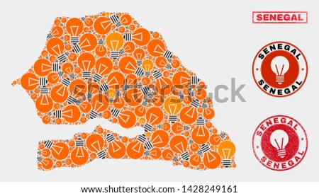 Power lamp mosaic Senegal map and grunge round stamps. Mosaic vector Senegal map is designed with power lamp icons. Abstraction for power supply services. Orange and red colors used.