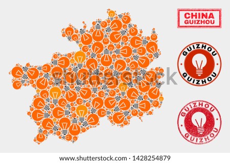 Power bulb mosaic Guizhou Province map and grunge round watermarks. Mosaic vector Guizhou Province map is designed with light bulb items. Abstraction for patent business. Orange and red colors used.