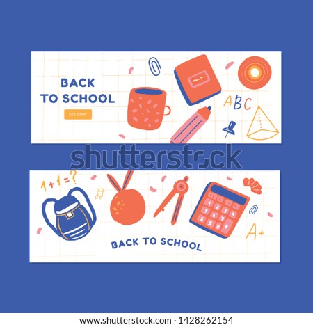 Back to school benners set. Cute doodle background. Colorful education concept