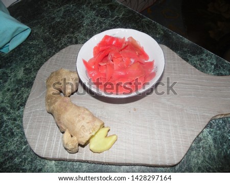 Pickled ginger and ginger root on the table