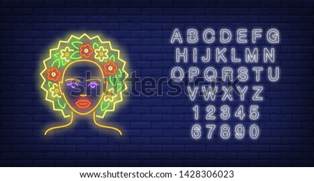 Summer girl neon sign. Woman wearing floral wreath on brick wall background. Vector illustration in neon style for seasonal banners, posters, beauty salon promotion