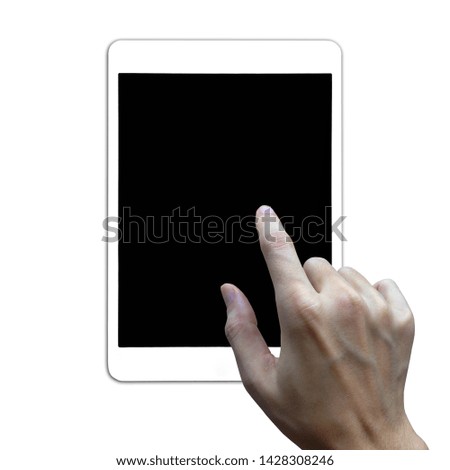 close-up hand using tablet isolated on white background. 
