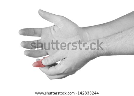 Acute pain in a man finger. Male holding hand to spot of neck-aches.