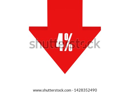 4 percent text with red color down arrow isolated on white backgroud, 3d illustration.
