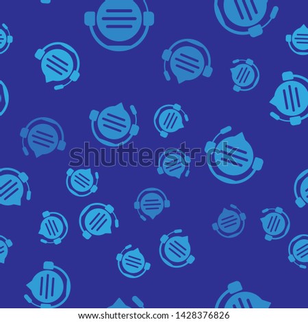 Blue Headphones with speech bubble chat icon isolated seamless pattern on blue background. Support customer service, hotline, call center, faq, maintenance.  Vector Illustration