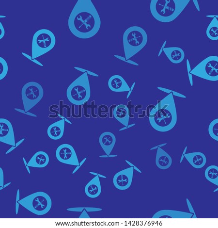 Blue Location with crossed screwdriver and wrench tools icon isolated seamless pattern on blue background. Pointer settings symbol.  Vector Illustration