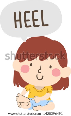 Illustration of a Kid Girl Pointing to and Saying Heel as Part of Naming Body Parts Series