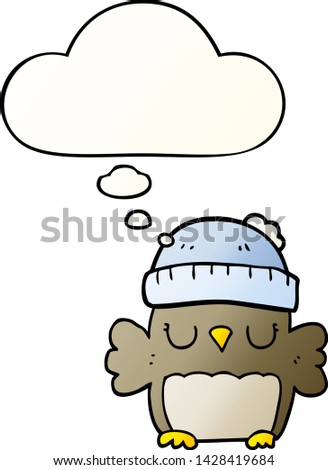 cute cartoon owl in hat with thought bubble in smooth gradient style