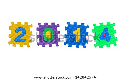 The year 2014 made of  number puzzle, isolated on white background.