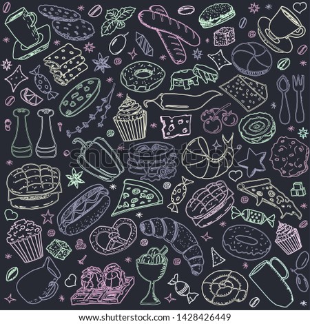 Vector Illustration on black background with breakfast,coffee,pizza,snacks.Useful for packaging,menu design and interior decoration.Hand drawn doodles.Sketchy collection of food elements.Chalk board.