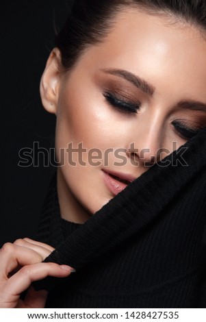 Eyelashes Makeup. Woman Beauty Face With Black Lashes Extensions
