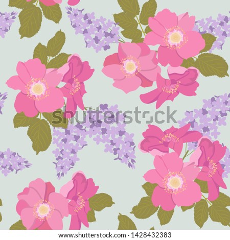 Seamless vector illustration with flowers of wild rose and lilac on a blue background. For decoration of textiles, packaging, web design.