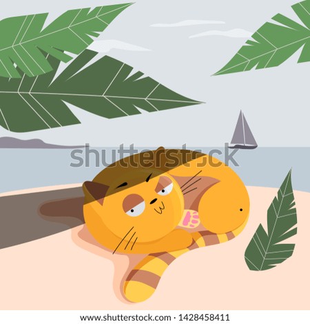 Illustrated cats on the beach. Summer, beach and sea. The red cat of the sea