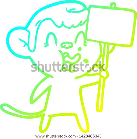 cold gradient line drawing of a crazy cartoon monkey with sign 