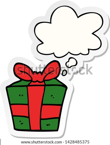 cartoon present with thought bubble as a printed sticker