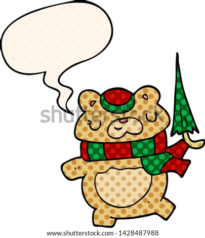 cartoon bear with umbrella with speech bubble in comic book style
