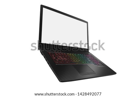 Creative abstract computer gaming and PC entertainment technology concept: modern black gamer laptop or notebook with white screen isolated on white background
