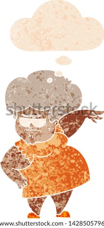 cartoon angry old woman with thought bubble in grunge distressed retro textured style