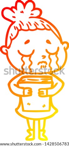 warm gradient line drawing of a cartoon crying woman holding book