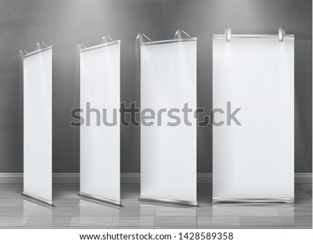 Vector realistic set of blank roll up banners, vertical stands for exhibition and business presentations isolated on gray background. Mockup with empty white billboards, roll-up displays for ads