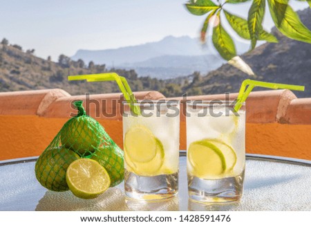 Lime. Fresh Juice from lime. Two glasses of Juice with just squeezed out of ripe citrus fruits along with a pack of lime and half a lime against a beautiful landscape
