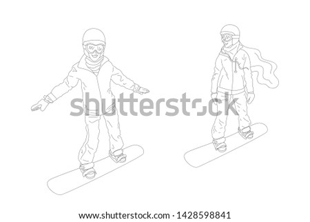 Couple of young people, man and woman, are snowboarding. Isolated on white background. Monochrome black and white image. Flat style stock vector illustration.
