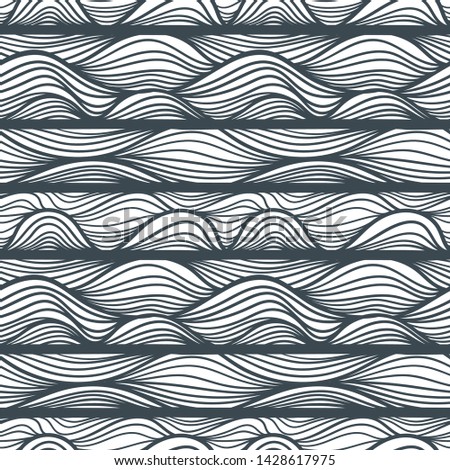 Seamless pattern with black linear sea waves separated by thick lines. Design for backdrops and colouring book with sea, rivers or water texture. Repeating texture. Figure for textiles.
