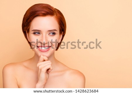 Close-up portrait of nice cute lovely sweet attractive cheerful curious minded girl touching chin healthy clean clear smooth perfect flawless shine skin copy space isolated on beige pastel background