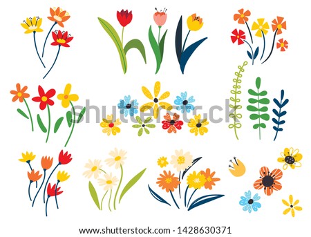 Collection of wild and garden blooming flowers isolated on white background. Wildflowers in flat style. Bundle of bouquets. Set of decorative floral design elements. Flat cartoon vector illustration.