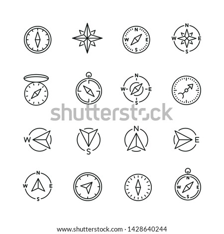 Compass related icons: thin vector icon set, black and white kit