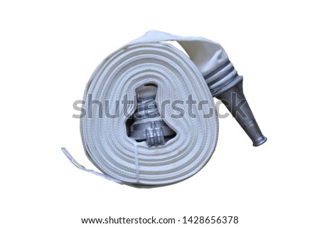 White rolled up fire extinguishing hose with coupling and nozzle, isolated on white background