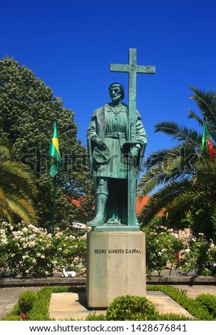 Belmonte, Portugal. Bronze statue of Pedro Alvares Cabral, born in Belmonte. He lead the fleet which landed in Brazil on April 22, 1500 on the Portuguese voyage of discoveries. (inscribed on cross) 