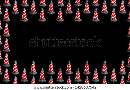 Multiple white and red safety cone forms seamless pattern against dark background with open space for writing or title.