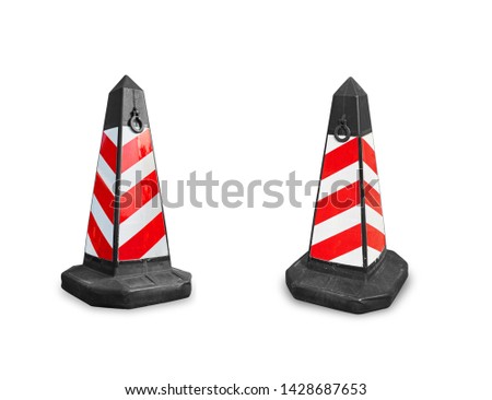Various isolated modern used red and white safety cone against white background.