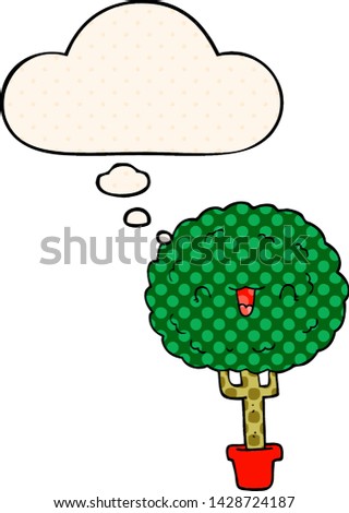 cartoon happy tree with thought bubble in comic book style