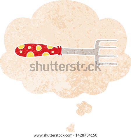 cartoon fork with thought bubble in grunge distressed retro textured style