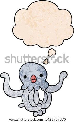 cartoon jellyfish with thought bubble in grunge texture style