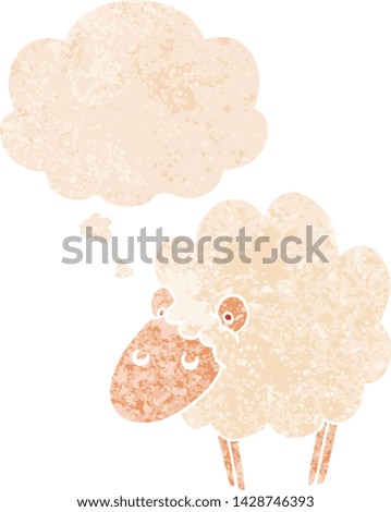 cartoon sheep with thought bubble in grunge distressed retro textured style